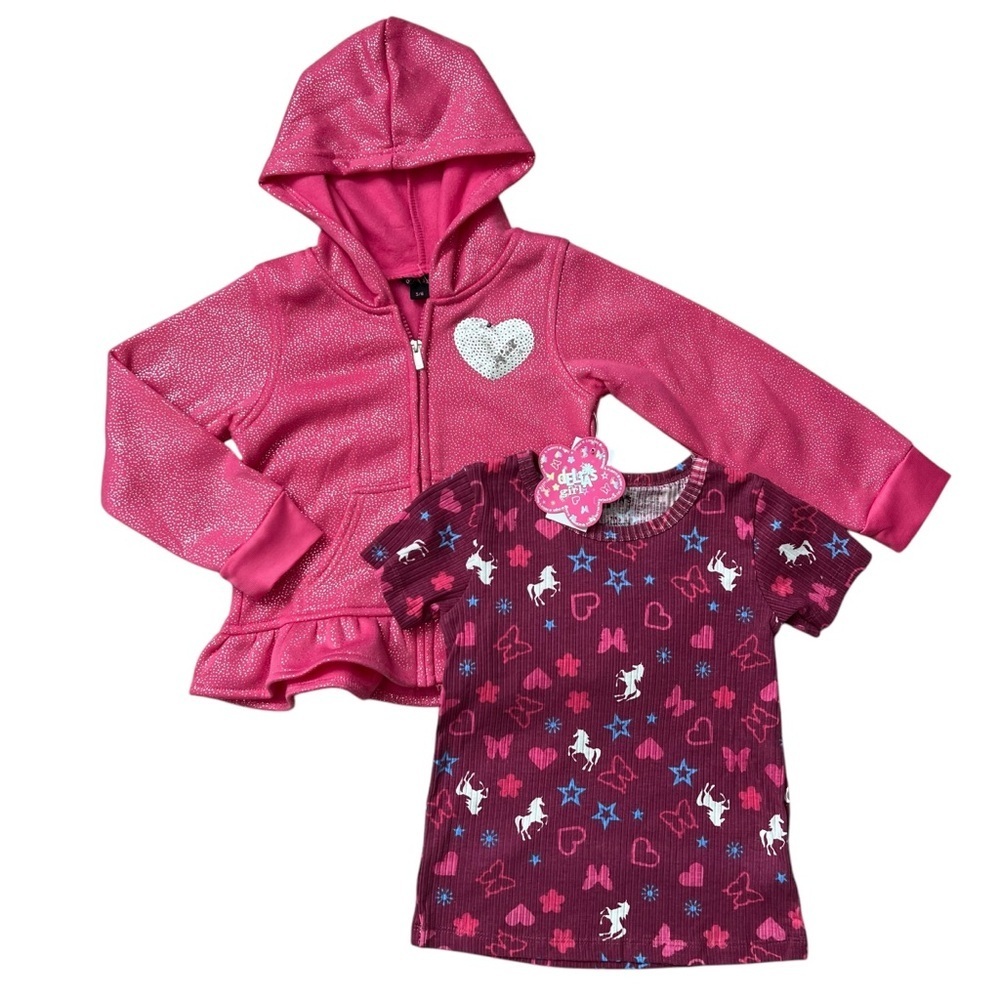 Delia’s Little Girls Sparkly Pink Zip Up Jacket & T-Shirt Set - Size 5/6